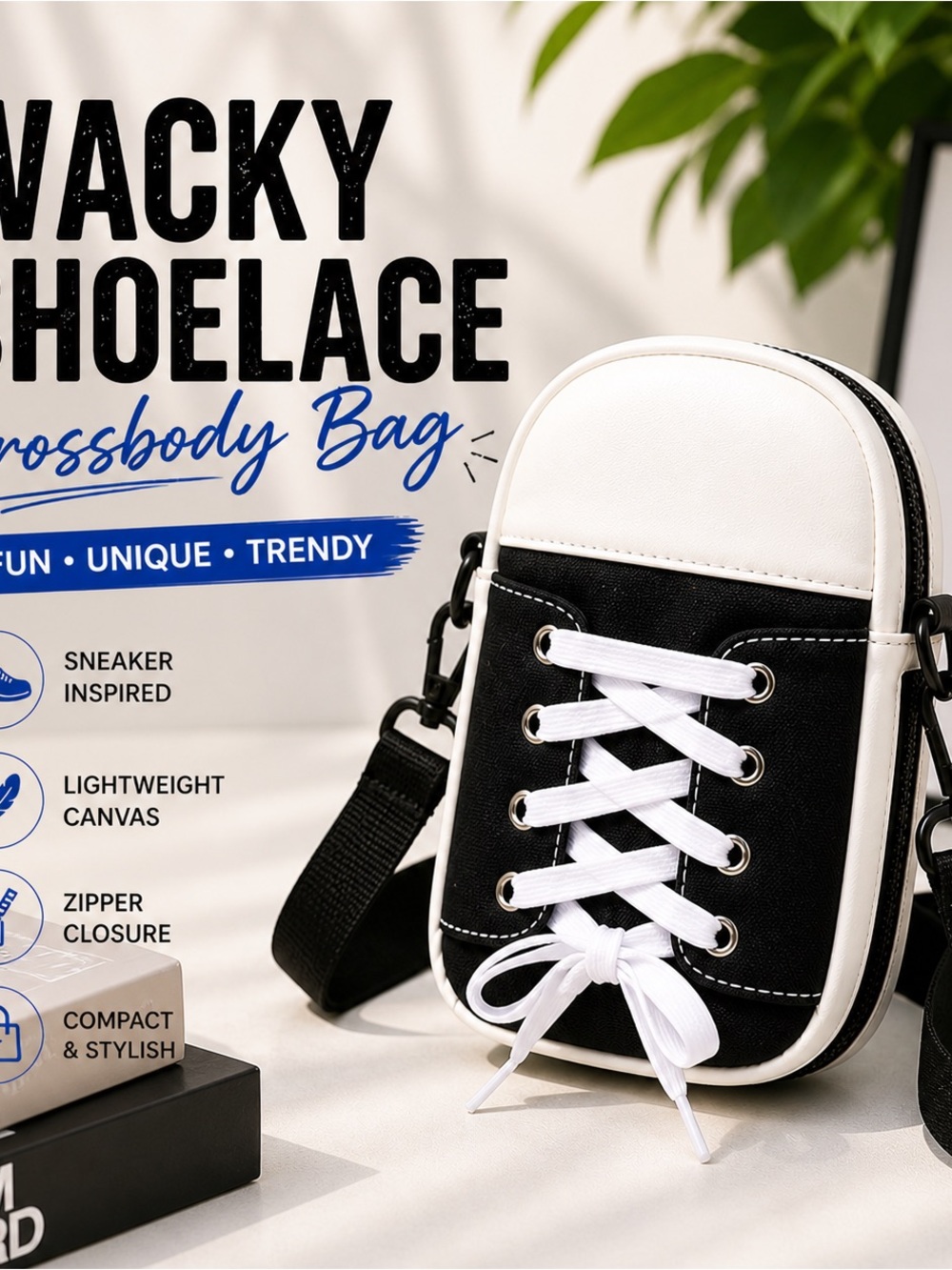 Shoelace Crossbody Bag Sneaker Style Canvas Purse Navy or Black Cute Trendy - Picture 3 of 8